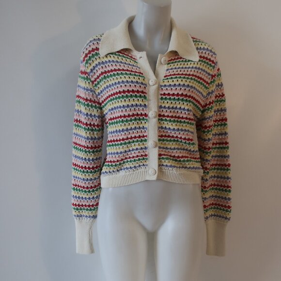 Womens Zara Ivory Rainbow Striped Open Knit Pointelle Cardigan Sweater S - Picture 4 of 15